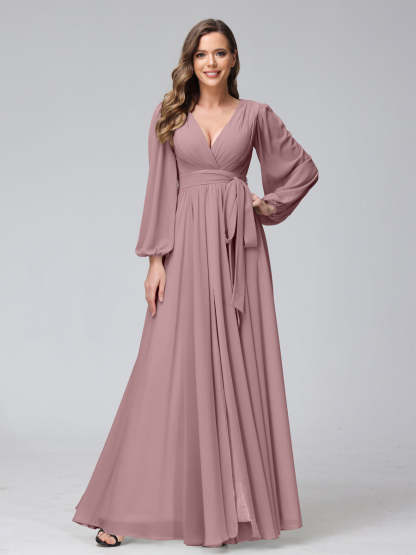 Chiffon Bridesmaid Dress with V-Neck, Long Sleeves, and Side Split