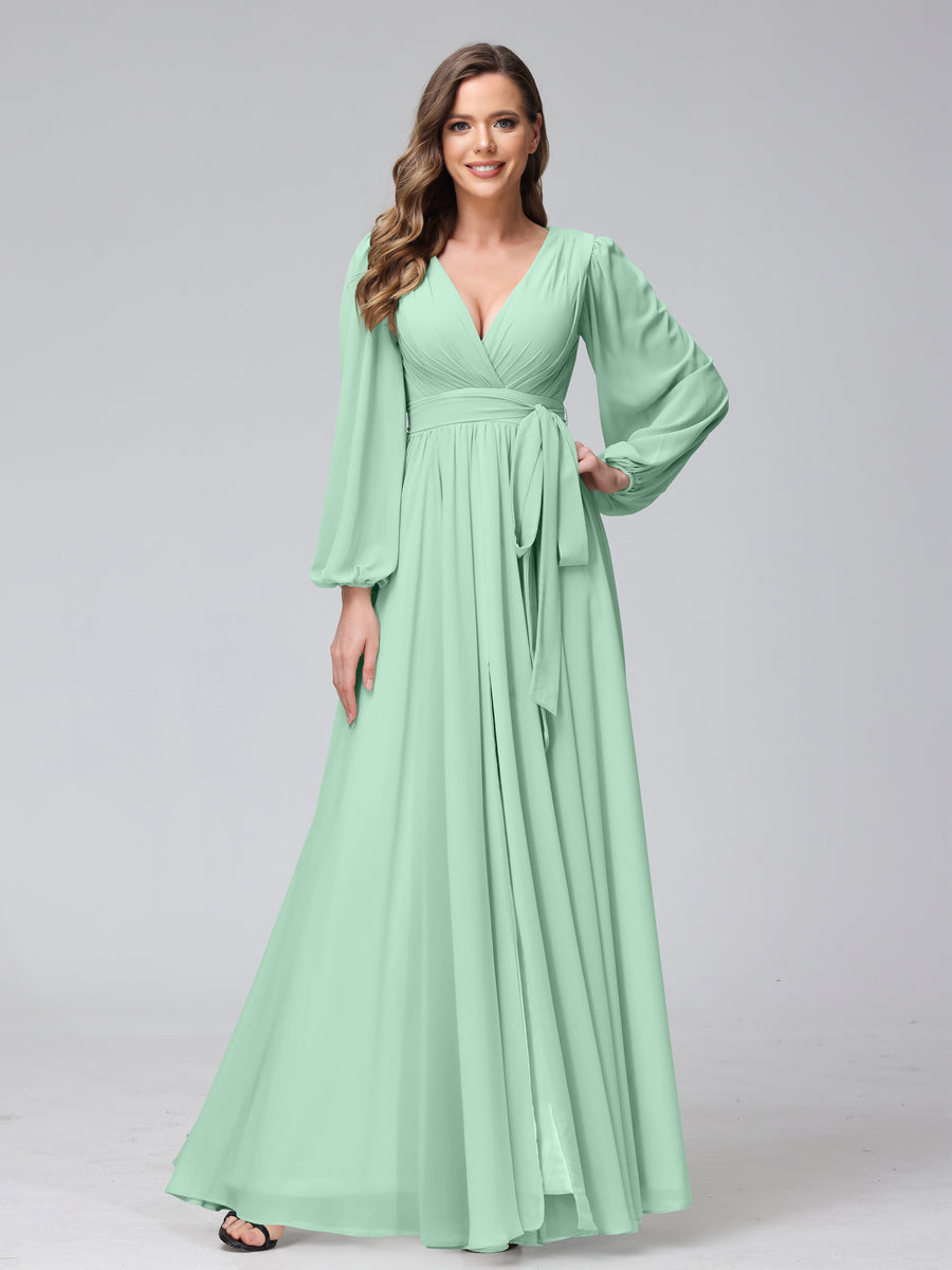 Chiffon Bridesmaid Dress with V-Neck, Long Sleeves, and Side Split