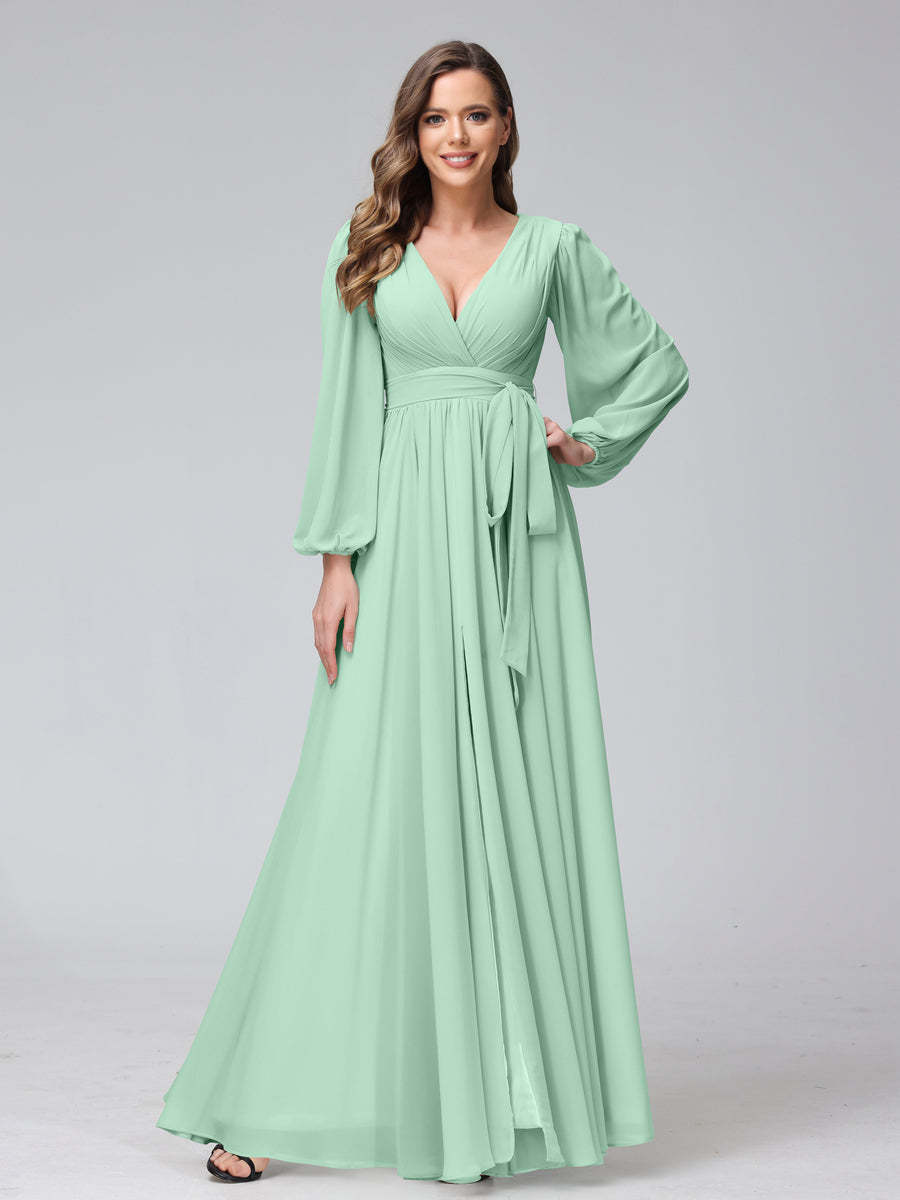 Chiffon Bridesmaid Dress with V-Neck, Long Sleeves, and Side Split