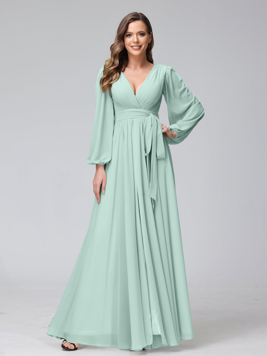 Chiffon Bridesmaid Dress with V-Neck, Long Sleeves, and Side Split