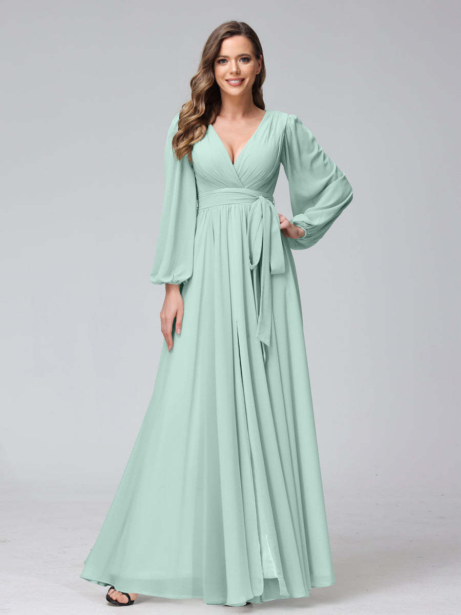 Chiffon Bridesmaid Dress with V-Neck, Long Sleeves, and Side Split
