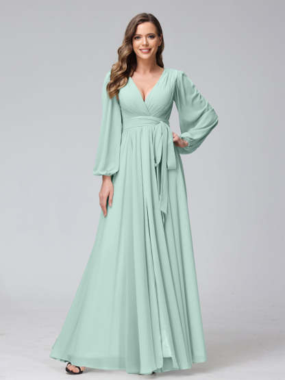 Chiffon Bridesmaid Dress with V-Neck, Long Sleeves, and Side Split