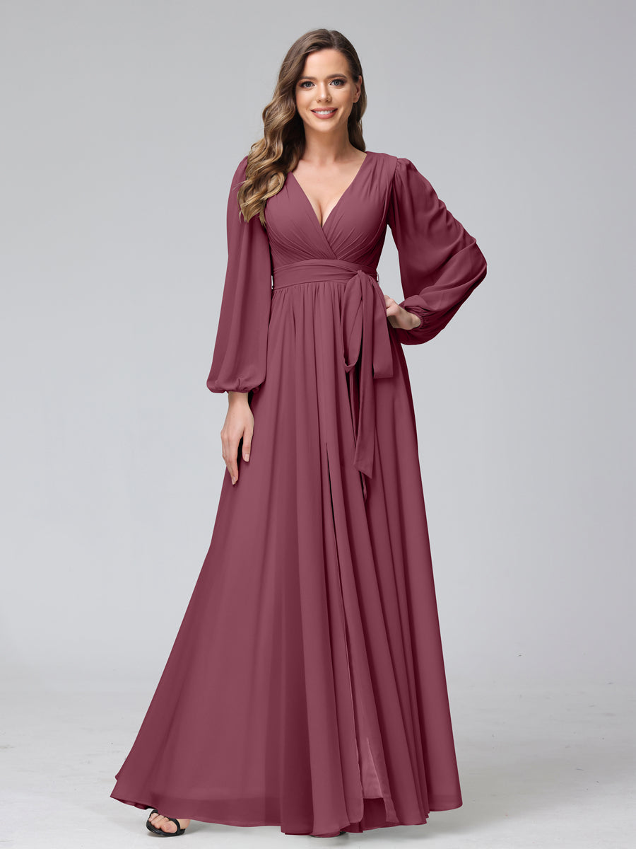 Chiffon Bridesmaid Dress with V-Neck, Long Sleeves, and Side Split