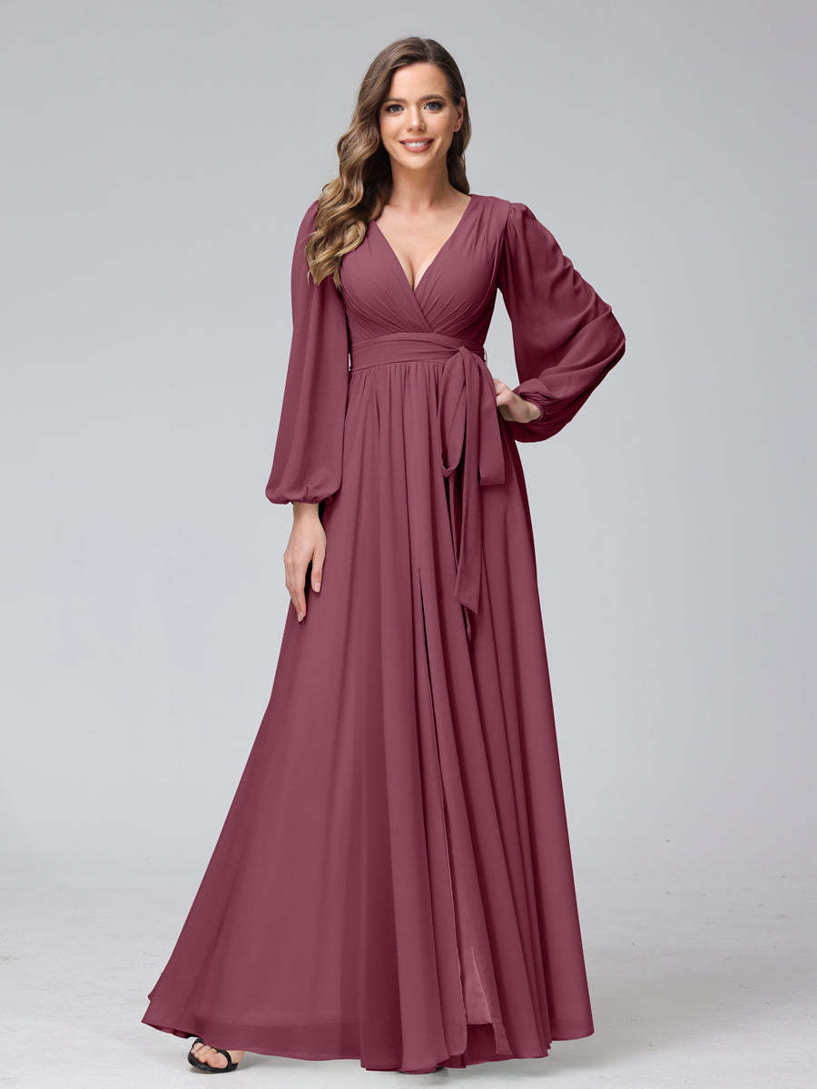 Chiffon Bridesmaid Dress with V-Neck, Long Sleeves, and Side Split