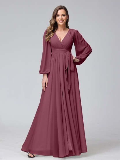 Chiffon Bridesmaid Dress with V-Neck, Long Sleeves, and Side Split
