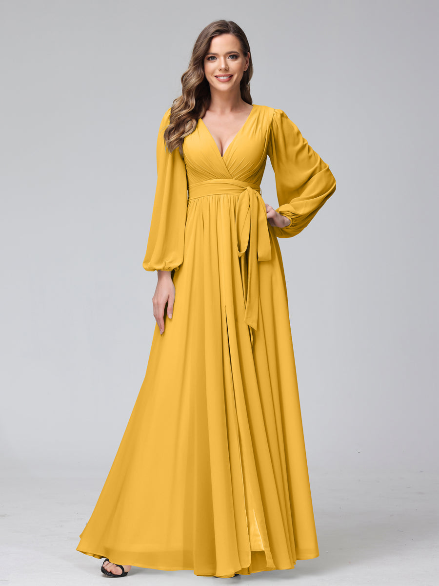 Chiffon Bridesmaid Dress with V-Neck, Long Sleeves, and Side Split