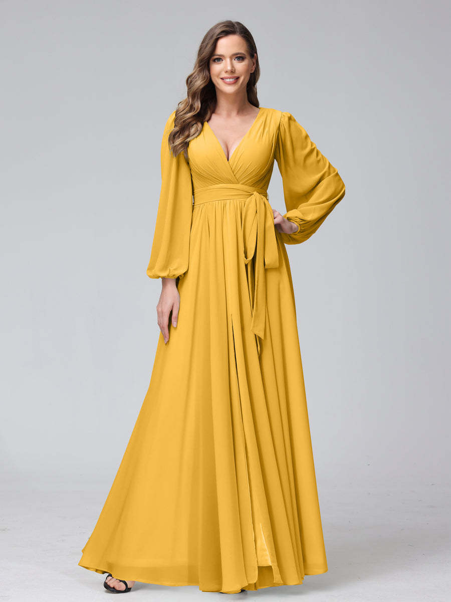 Chiffon Bridesmaid Dress with V-Neck, Long Sleeves, and Side Split