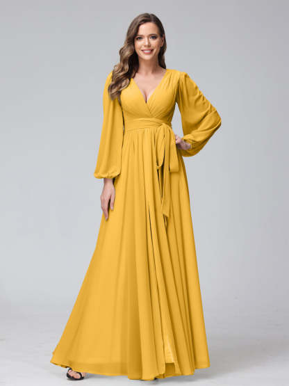 Chiffon Bridesmaid Dress with V-Neck, Long Sleeves, and Side Split
