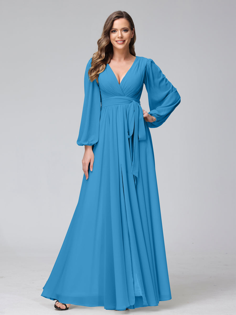 Chiffon Bridesmaid Dress with V-Neck, Long Sleeves, and Side Split