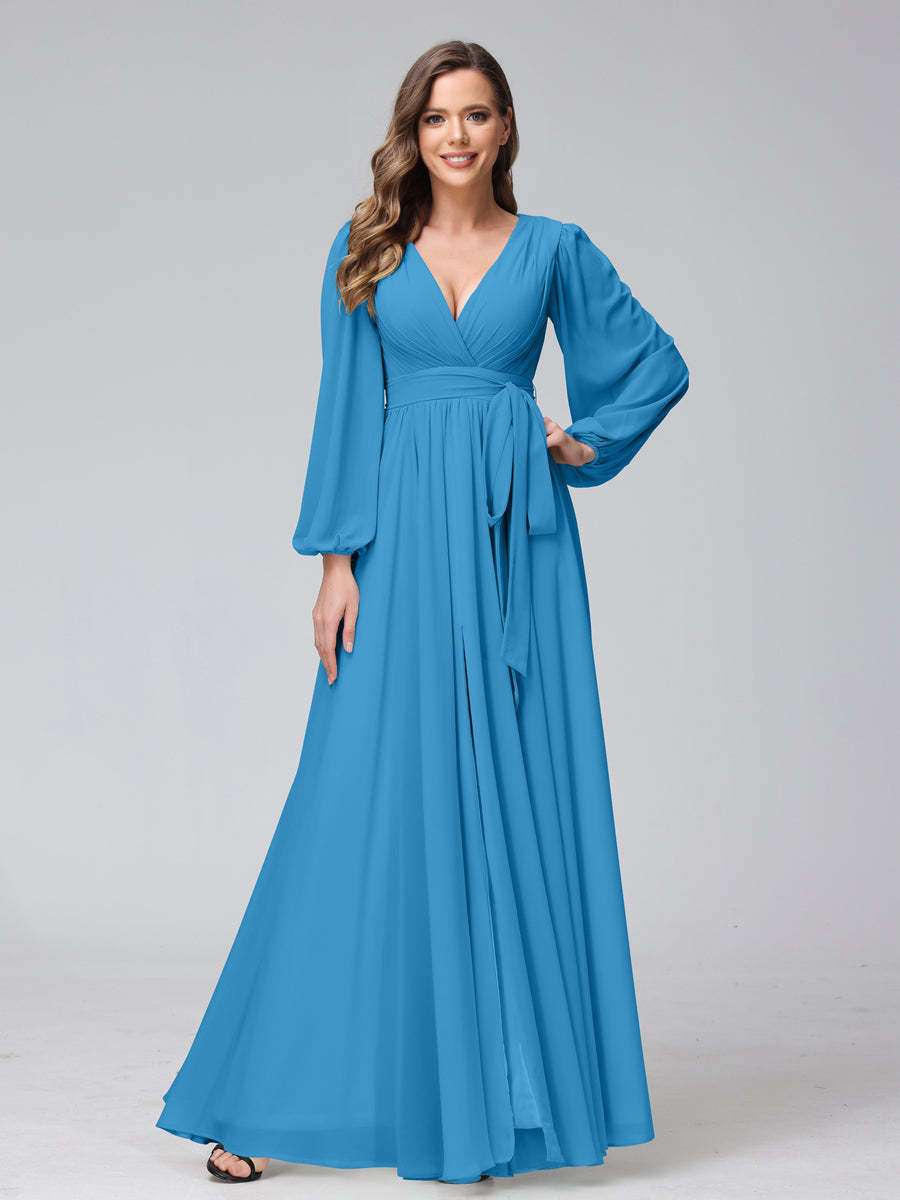 Chiffon Bridesmaid Dress with V-Neck, Long Sleeves, and Side Split