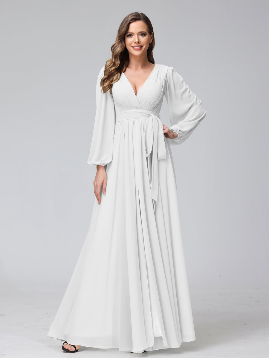 Chiffon Bridesmaid Dress with V-Neck, Long Sleeves, and Side Split