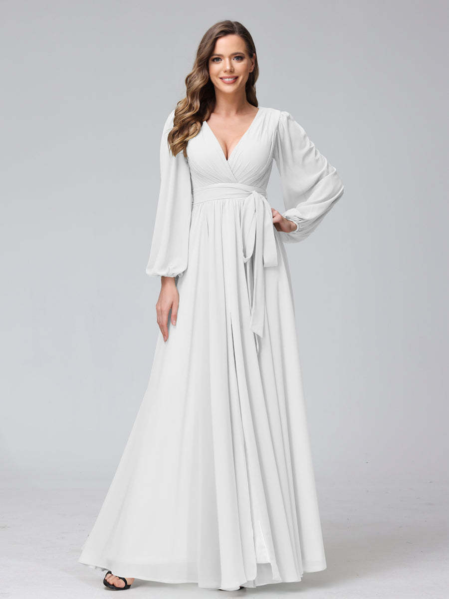 Chiffon Bridesmaid Dress with V-Neck, Long Sleeves, and Side Split