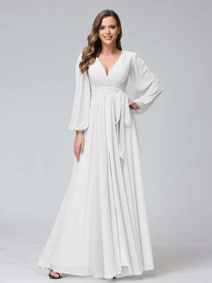 Chiffon Bridesmaid Dress with V-Neck, Long Sleeves, and Side Split