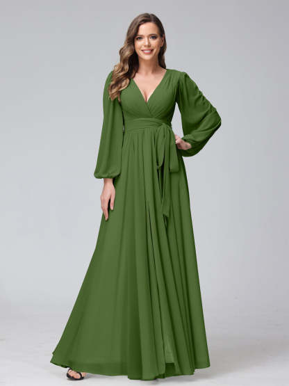 Chiffon Bridesmaid Dress with V-Neck, Long Sleeves, and Side Split