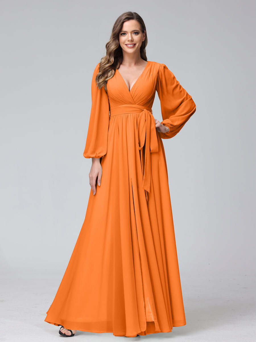 Chiffon Bridesmaid Dress with V-Neck, Long Sleeves, and Side Split