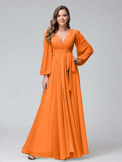 Chiffon Bridesmaid Dress with V-Neck, Long Sleeves, and Side Split