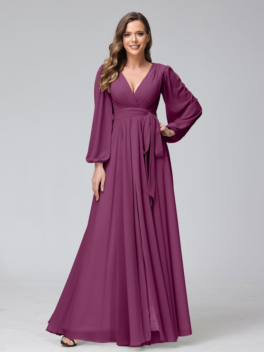 Chiffon Bridesmaid Dress with V-Neck, Long Sleeves, and Side Split