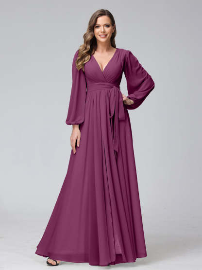 Chiffon Bridesmaid Dress with V-Neck, Long Sleeves, and Side Split