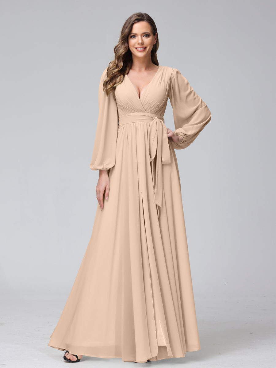Chiffon Bridesmaid Dress with V-Neck, Long Sleeves, and Side Split