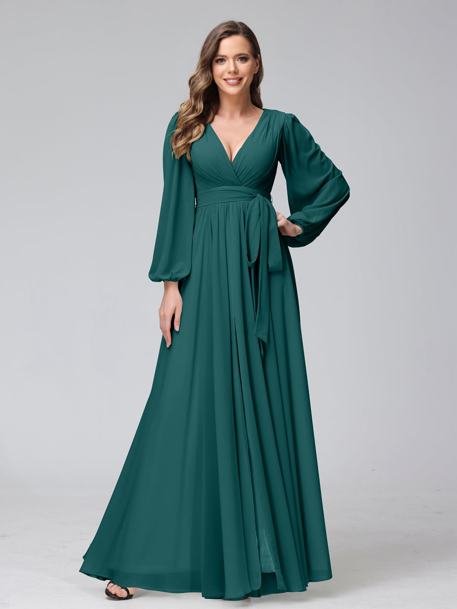 Chiffon Bridesmaid Dress with V-Neck, Long Sleeves, and Side Split
