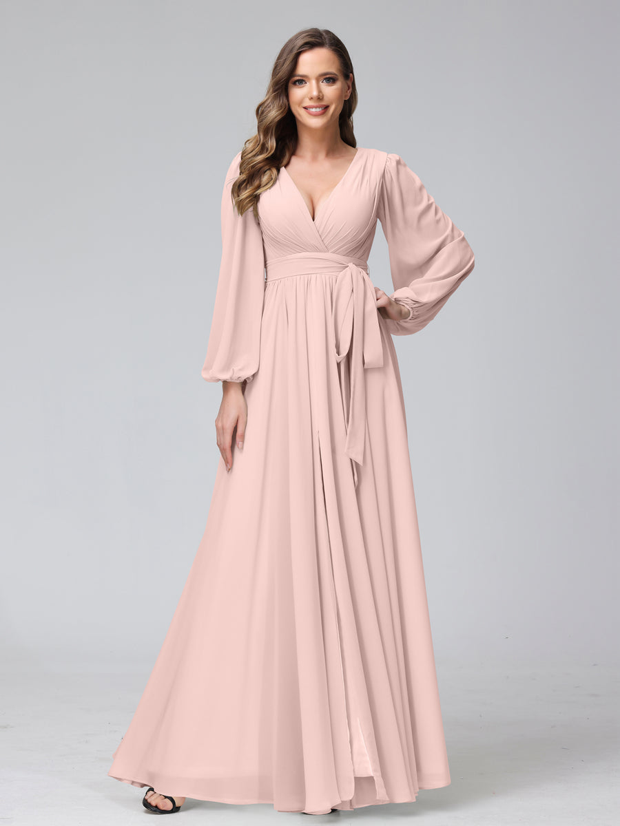 Chiffon Bridesmaid Dress with V-Neck, Long Sleeves, and Side Split