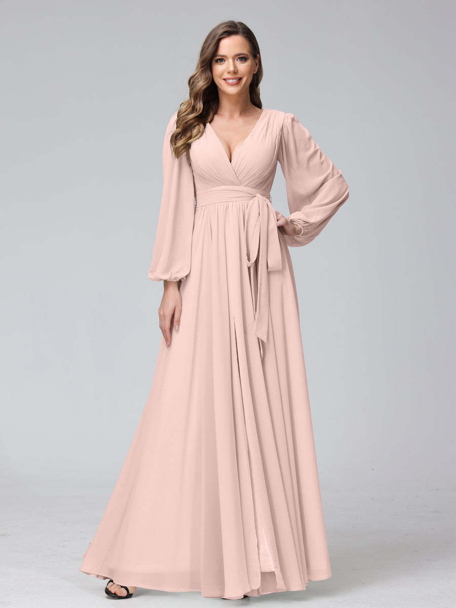 Chiffon Bridesmaid Dress with V-Neck, Long Sleeves, and Side Split