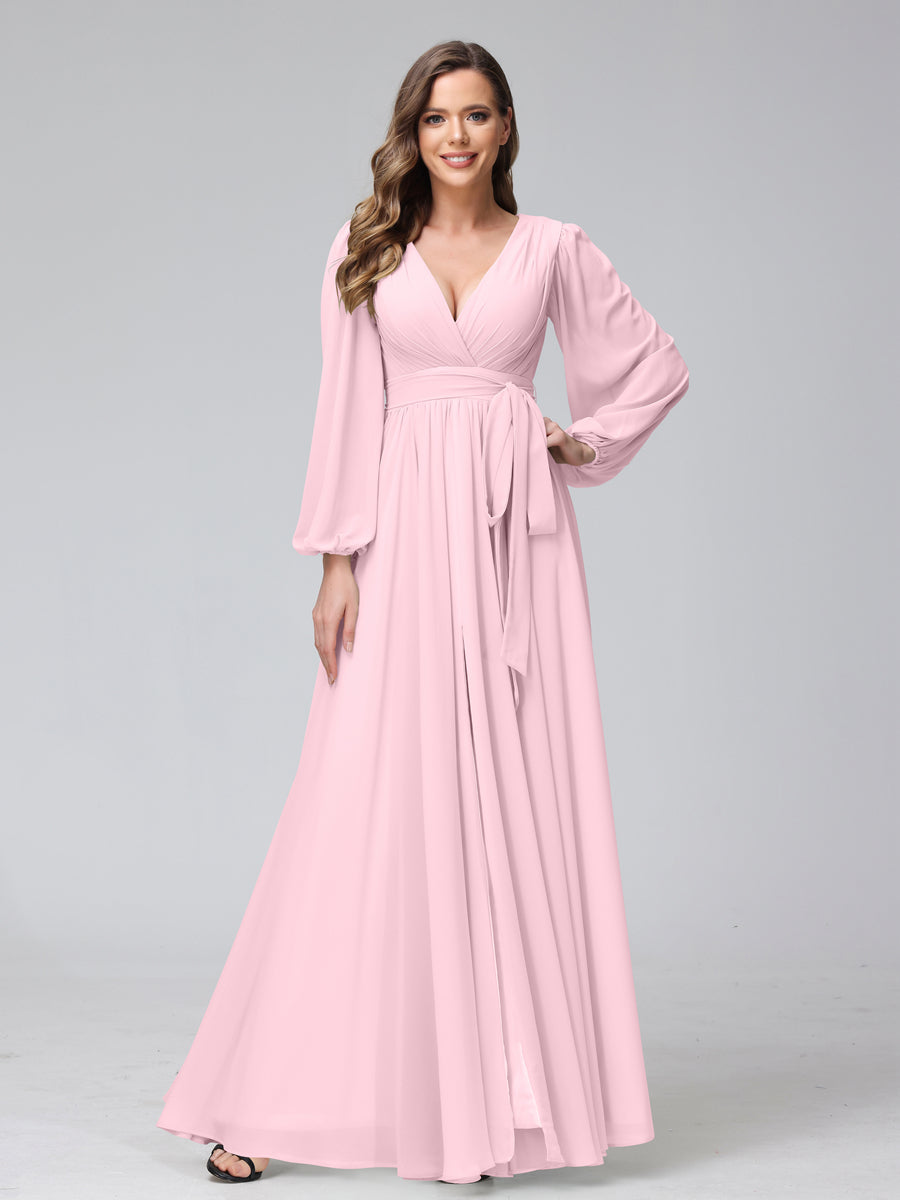 Chiffon Bridesmaid Dress with V-Neck, Long Sleeves, and Side Split