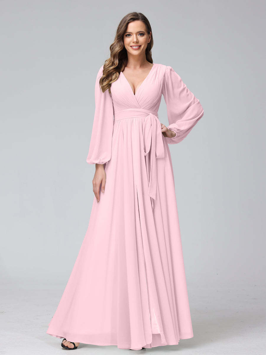 Chiffon Bridesmaid Dress with V-Neck, Long Sleeves, and Side Split