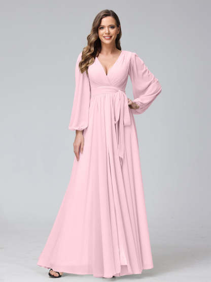 Chiffon Bridesmaid Dress with V-Neck, Long Sleeves, and Side Split