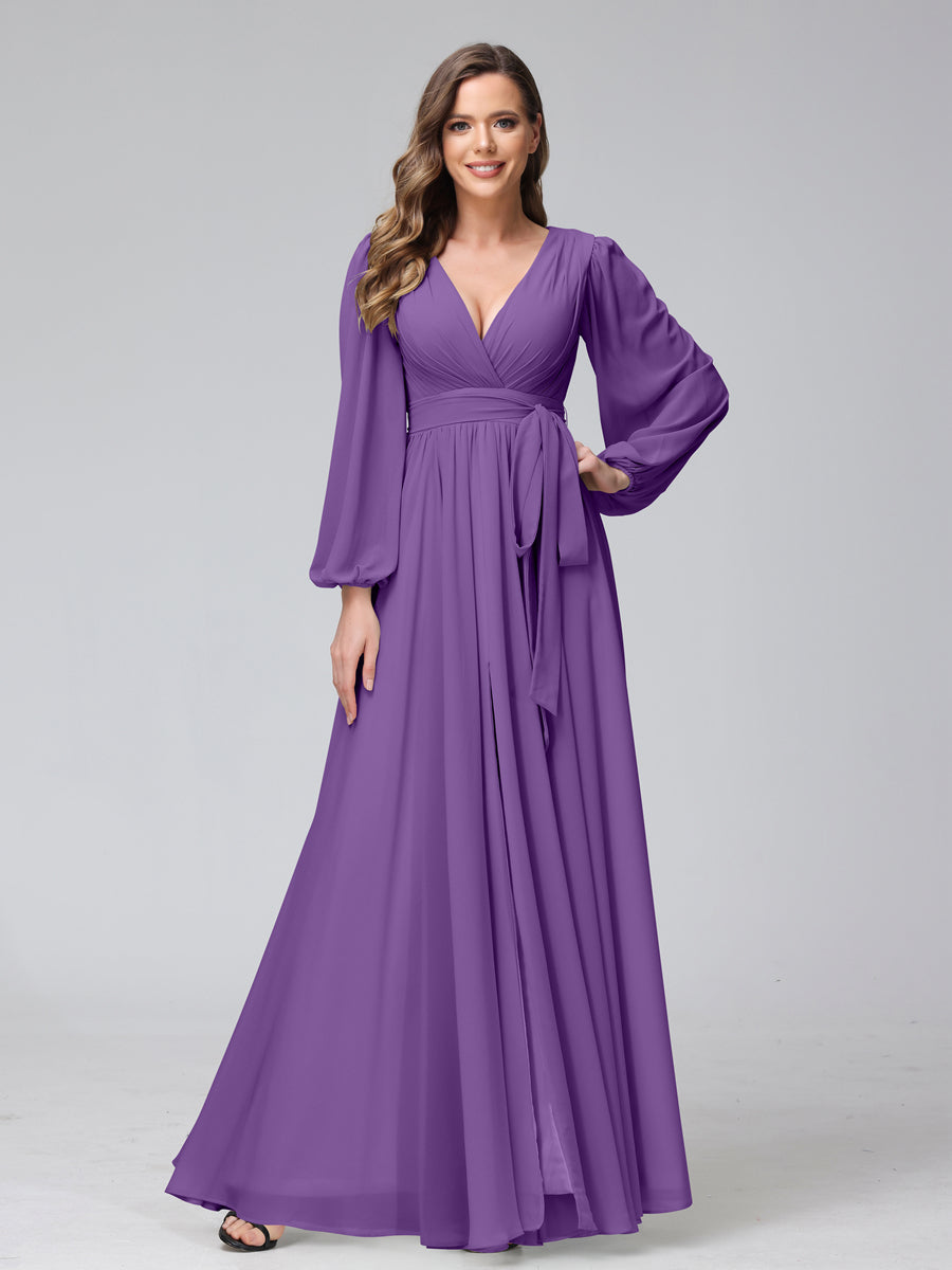 Chiffon Bridesmaid Dress with V-Neck, Long Sleeves, and Side Split