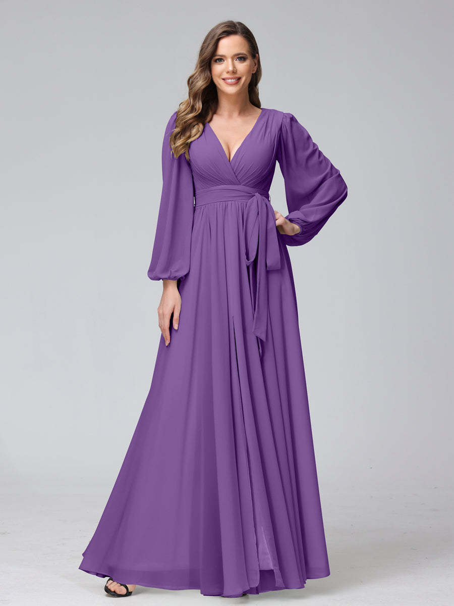 Chiffon Bridesmaid Dress with V-Neck, Long Sleeves, and Side Split