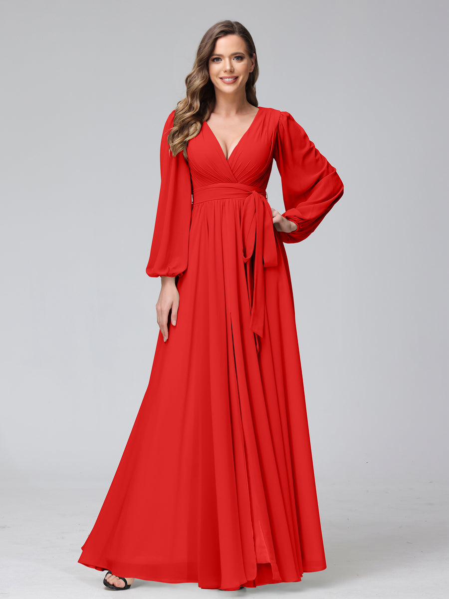Chiffon Bridesmaid Dress with V-Neck, Long Sleeves, and Side Split