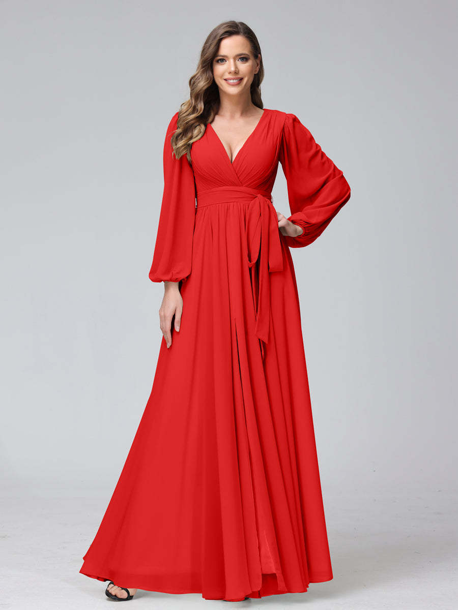 Chiffon Bridesmaid Dress with V-Neck, Long Sleeves, and Side Split