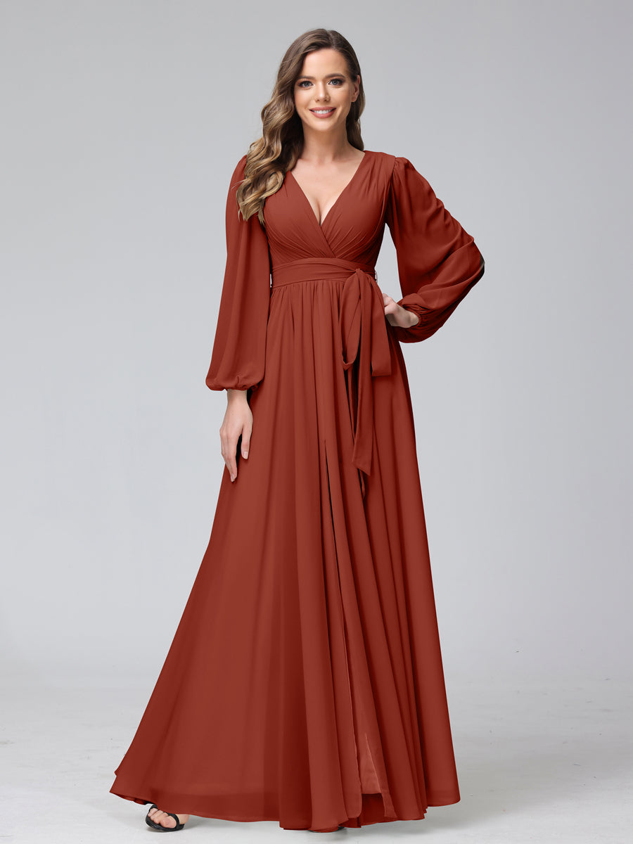 Chiffon Bridesmaid Dress with V-Neck, Long Sleeves, and Side Split