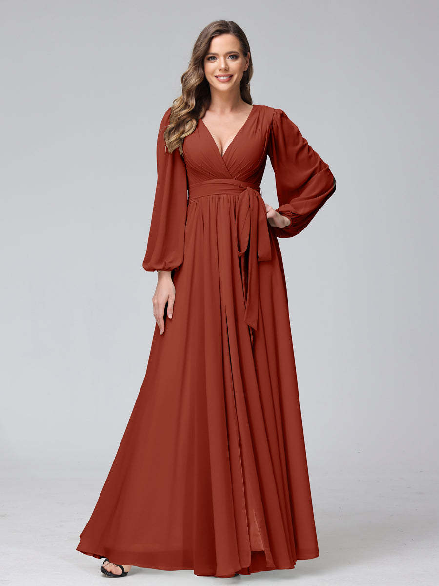 Chiffon Bridesmaid Dress with V-Neck, Long Sleeves, and Side Split