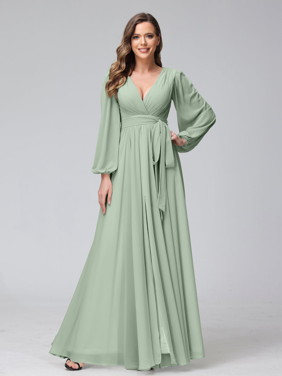 Chiffon Bridesmaid Dress with V-Neck, Long Sleeves, and Side Split
