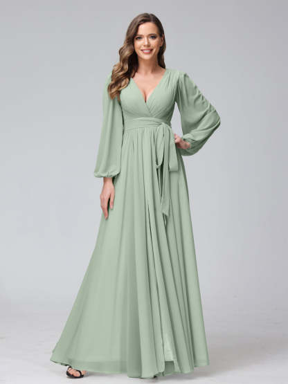 Chiffon Bridesmaid Dress with V-Neck, Long Sleeves, and Side Split