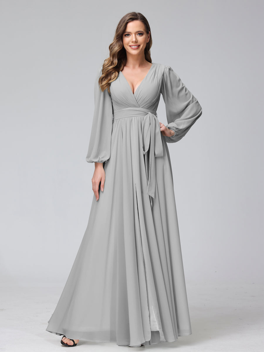 Chiffon Bridesmaid Dress with V-Neck, Long Sleeves, and Side Split