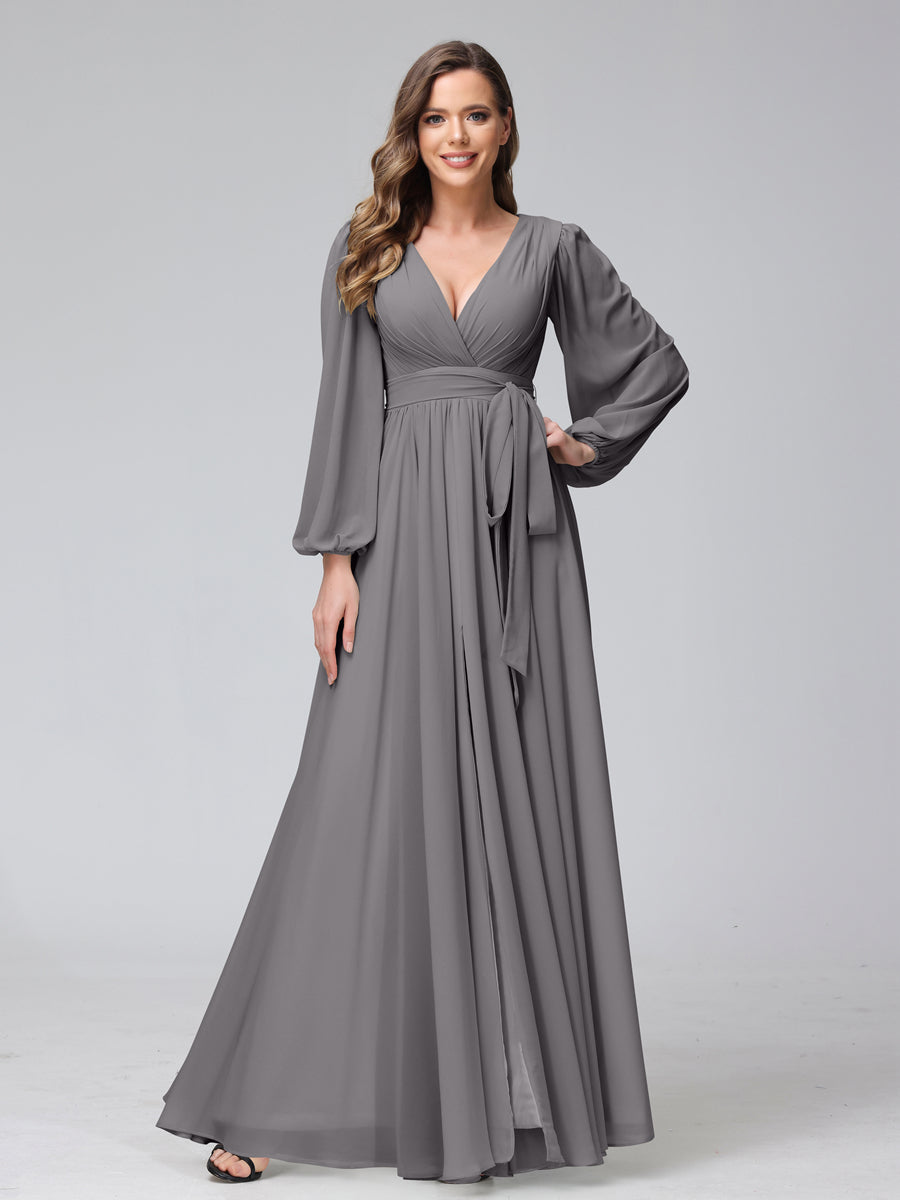 Chiffon Bridesmaid Dress with V-Neck, Long Sleeves, and Side Split