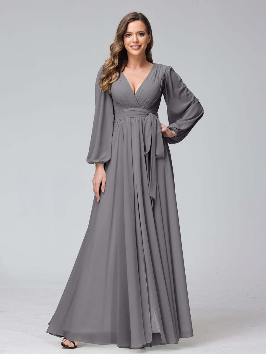 Chiffon Bridesmaid Dress with V-Neck, Long Sleeves, and Side Split