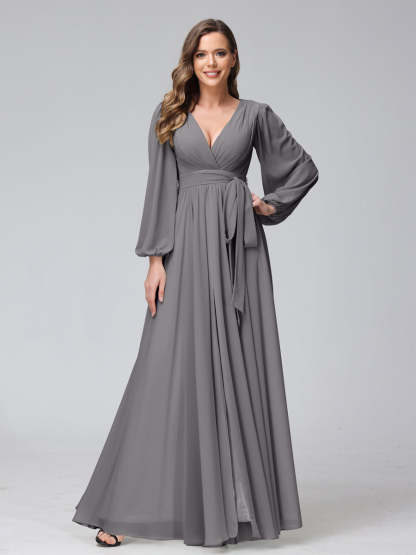 Chiffon Bridesmaid Dress with V-Neck, Long Sleeves, and Side Split