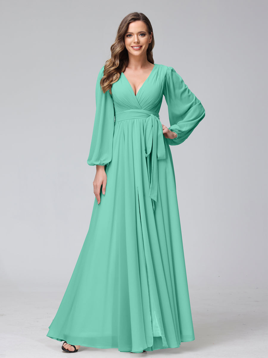 Chiffon Bridesmaid Dress with V-Neck, Long Sleeves, and Side Split