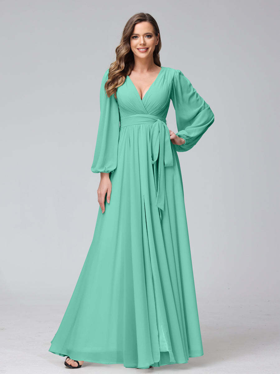 Chiffon Bridesmaid Dress with V-Neck, Long Sleeves, and Side Split