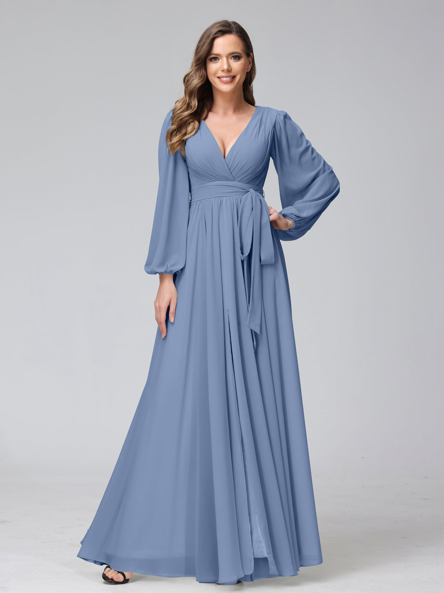 Chiffon Bridesmaid Dress with V-Neck, Long Sleeves, and Side Split