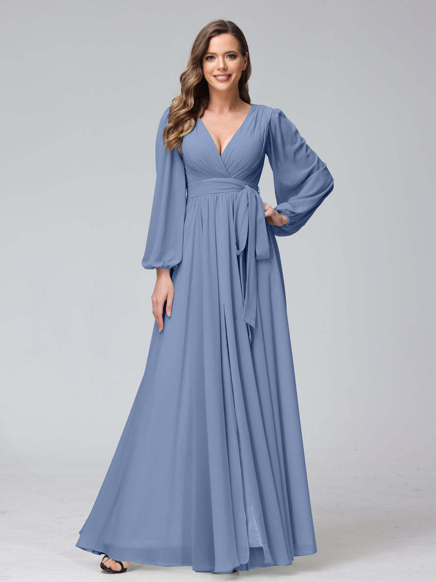 Chiffon Bridesmaid Dress with V-Neck, Long Sleeves, and Side Split