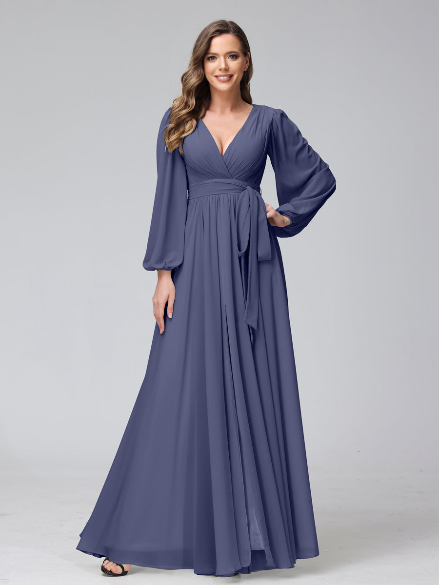Chiffon Bridesmaid Dress with V-Neck, Long Sleeves, and Side Split