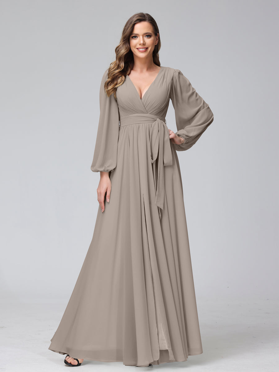 Chiffon Bridesmaid Dress with V-Neck, Long Sleeves, and Side Split