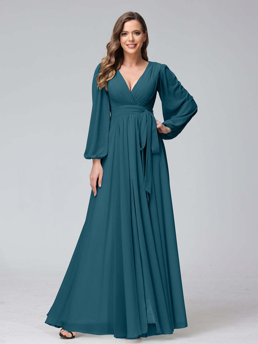 Chiffon Bridesmaid Dress with V-Neck, Long Sleeves, and Side Split