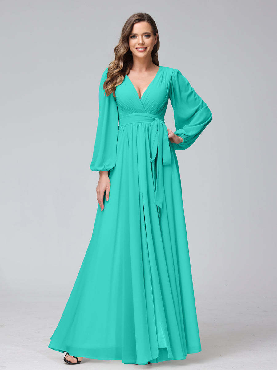 Chiffon Bridesmaid Dress with V-Neck, Long Sleeves, and Side Split