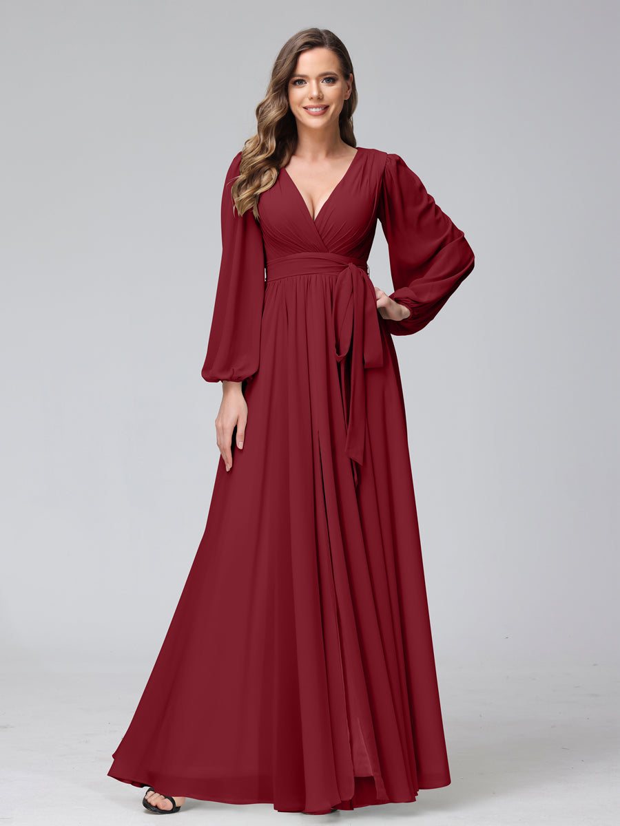 Chiffon Bridesmaid Dress with V-Neck, Long Sleeves, and Side Split